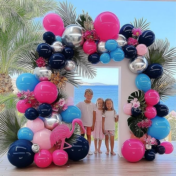 Navy Blue Pink Balloon Garland Double Stuffed Dark Blue Hot Pink Silver Balloons Royal Pastel Balloon Arch Kit for Birthday Gender Reveal Baby Shower Graduation Tropical Hawaii Party Decorations