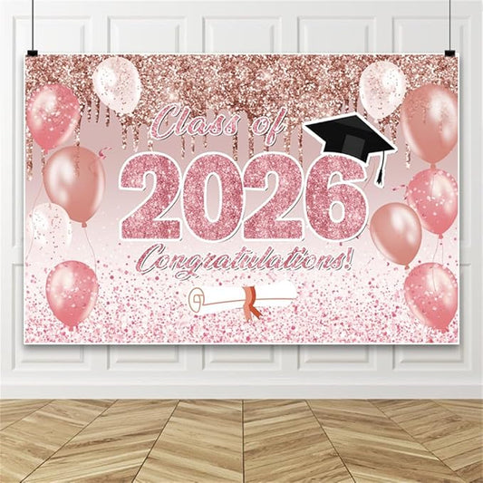 2026 Graduation Backdrop 7x5ft Class of 2026 Pink Rose Gold Congratulations Congrats Grad Backdrop for Photography Graduation Prom Party Decoration Banner Photo Studio Props