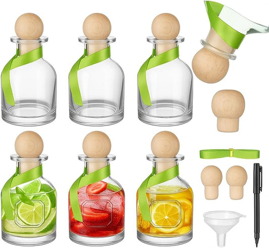 Baderke 6 Pcs 150ml/5oz Patron Shot Bottle Empty for Drinks Mini Tequila Reusable Filling Bottle with Sealing Stopper Pour Spouts Green Ribbon Labels for Wine Wedding Christmas Party Decoration