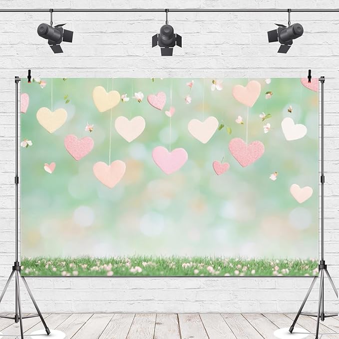 9x6ft Vinyl Green Valentines Backdrop Light Green Grass Hearts Photo Background Bridal Engagement Valentines Backdrop for Photography Party Decorations