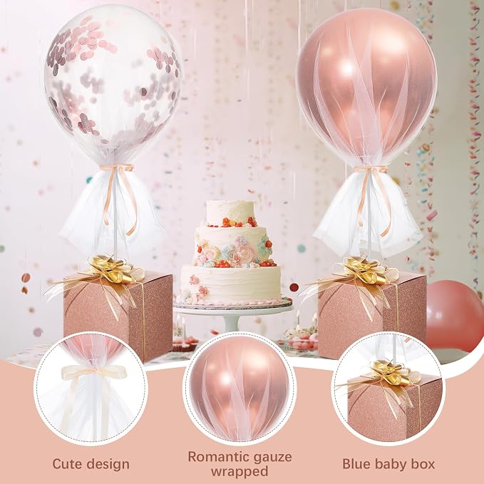 4 Set Rose Gold Confetti Tulle Tutu Balloon with Letter Boxes Baby Shower Table Centerpieces Decor for Gender Reveal 24'' Balloons White Tulle Cover with Stand, Boxes for Wedding Birthday Party