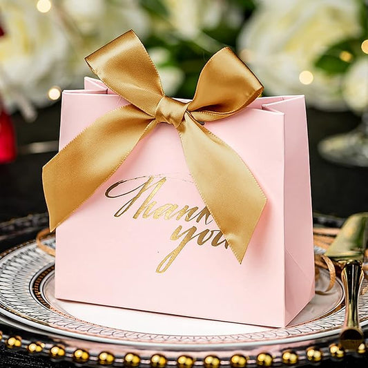 Yoption 50 Pcs Wedding Party Favor Boxes, Small Thank You Gift Bags Candy Boxes with Gold Bow Ribbon Wedding Bridal Shower Birthday Party (Pink)