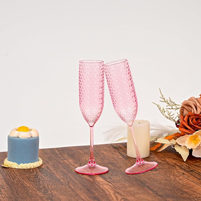 Pesonlook 48 Pack Plastic Champagne Glasses Pink Reusable Diamond Crystal Clear Wine Glasses Diamond Wine Cups Vintage Drinking Glasses for Wedding Reception, Grand Event Party Supplies