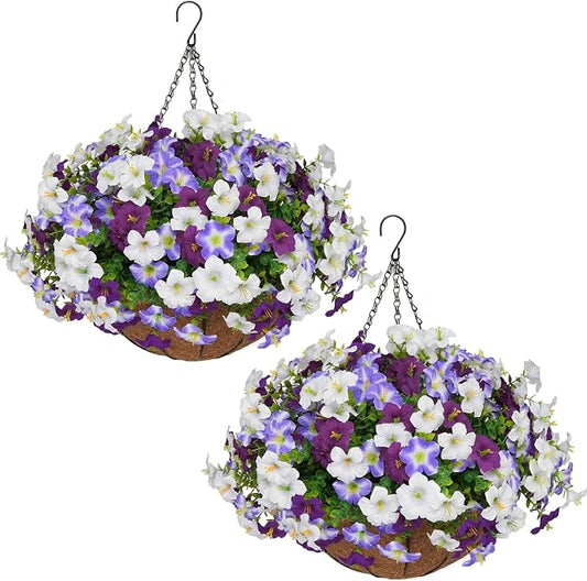 2 Set Artificial Hanging Flowers with Basket for Outdoor Decor, 24 Pcs Silk Petunias Fake Plants for Porch Garden Patio Balcony Yard Home Decoration