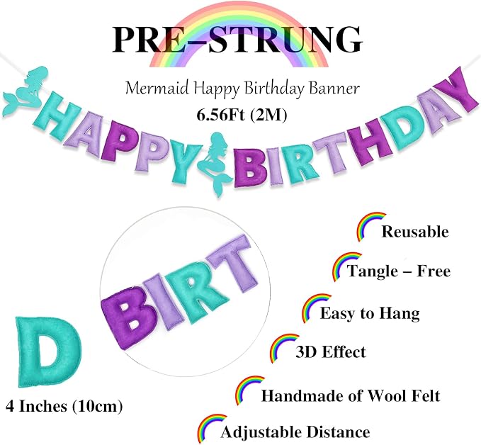 Pre-Strung Mermaid Happy Birthday Banner, Under The Sea Theme Party Decorations, HAPPY BIRTHDAY Garland with Exquisite Mermaid Design, Personalized Festival Sign for Baby Girls Party Decor, Photo Prop