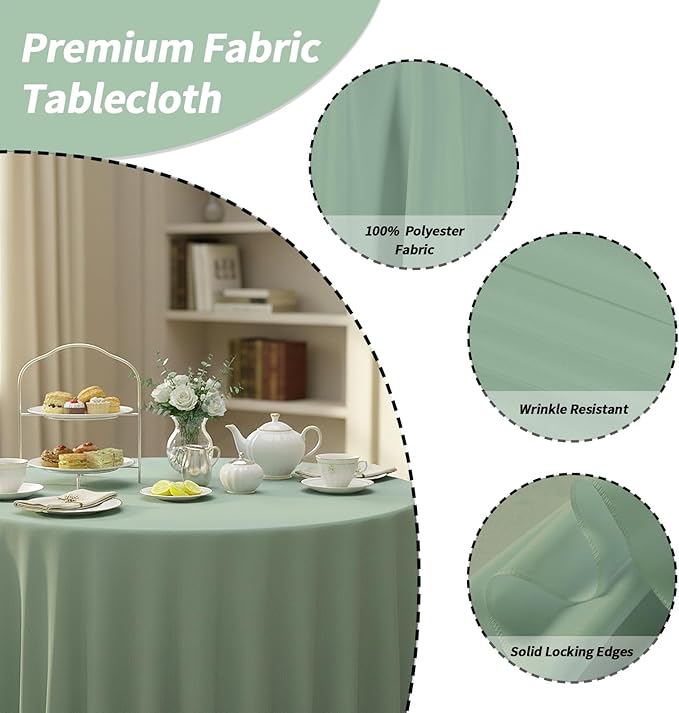 Fixwal 6 Pack Sage Green 120 Inch Round Tablecloths, Reusable Heavy Duty Washable Polyester Table Covers, Stain and Wrinkle Resistant for Wedding, Baby Shower, Boho Party, Outdoor, Picnic
