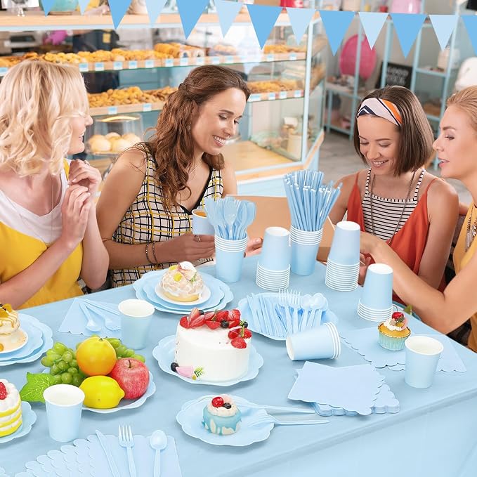 Funnymoom 452 Pcs Light Blue Party Supplies for 50 Guests, Baby Blue Scalloped Paper Plates Napkins Cups Plastic Tablecloth Cutlery Straws for Baby Bridal Shower, Birthday Wedding Party Decoration