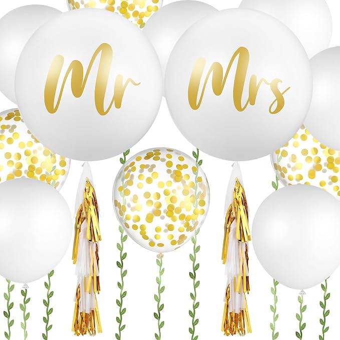Wettarn 15 Pcs Giant Wedding Decor Kit 36 Inch Jumbo White Mr. Mrs. Balloons with Paper Tassel 24 Inch White Large Married Balloons with 65ft Leaf Ribbon for Wedding Engagement Party Decorations