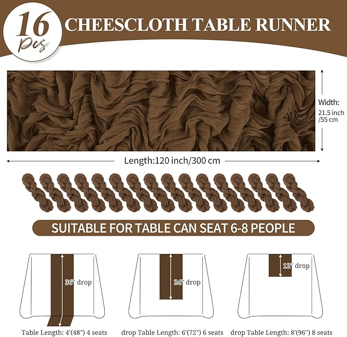 16 Pack 10Ft Cheesecloth Table Runner Brown, 20 x 120 Inch Rustic Gauze Boho Cheese Cloth Table Runners Wedding Long Table Runner for Wedding Party Bridal Shower Table Decoration