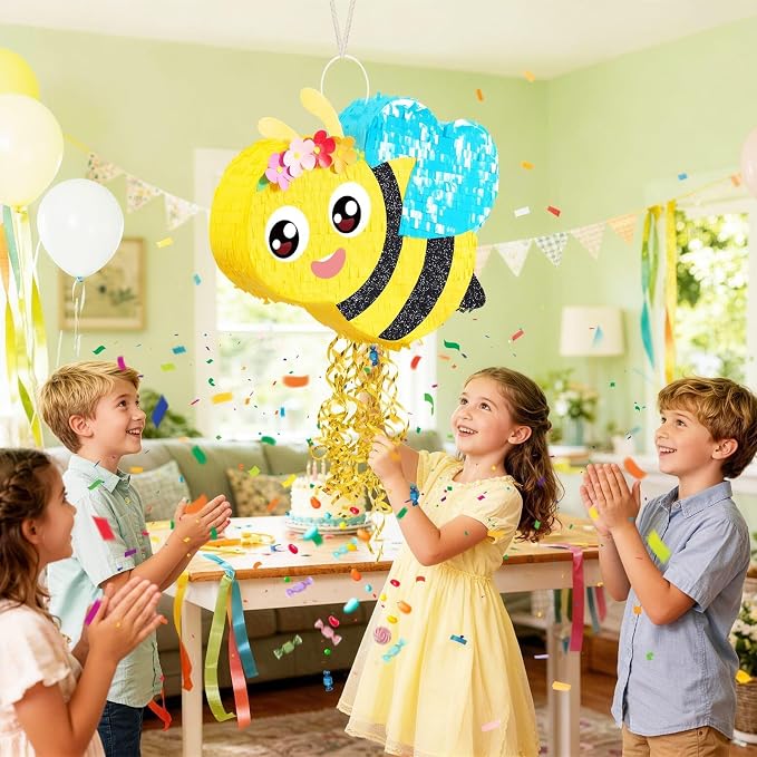 WERNNSAI Bee Piñata - Happy First Bee Day Decorations Cute Piñata with Blindfold and Bat for Kids Birthday Classroom Garden Party Game Supplies Baby Shower Spring theme Party Decorations