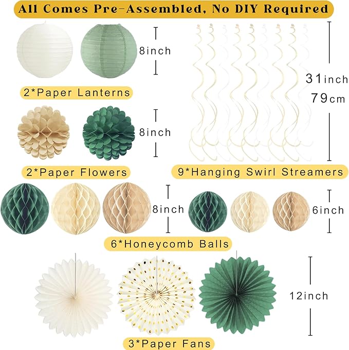 Sage Green Happy Birthday Decorations for Women, Pre-Strung Happy Birthday Banner with Honeycomb Balls, Paper Flowers, Lanterns, Hanging Swirls, Circle Dots Garland for Birthday Party Decor 24pcs