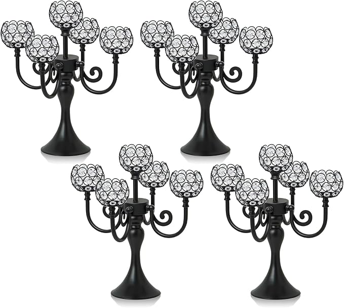 5 Arm Metal Crystal Candelabra Centerpiece - 13.4 Inch Elegant Candle Holder with Crystal Beads for Wedding Party Christmas Home Dining Table Decoration (4, Black)