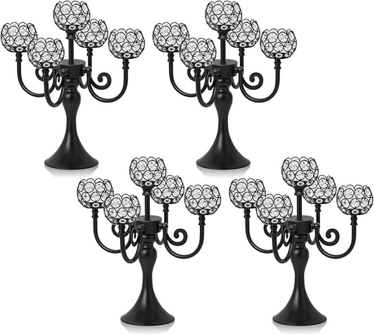 5 Arm Metal Crystal Candelabra Centerpiece - 13.4 Inch Elegant Candle Holder with Crystal Beads for Wedding Party Christmas Home Dining Table Decoration (4, Black)