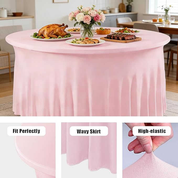 10 Pack Pink Spandex Round Tablecloths for 60inch Tables, 120 Inch Stretchy 5ft Round Fitted Tablecloth Wrinkle Free Washable Table Cloths Table Covers with Skirt for Wedding Party Birthday Banquet