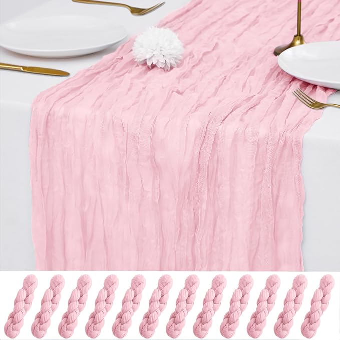 12 Pack Pink Cheesecloth Table Runner 21x120 Inches, Boho Gauze Rustic Semi Sheer Cheese Cloth Table Runners for Easter Spring Wedding Bridal Baby Shower, Birthday Party, Long Farmhouse Table Decor