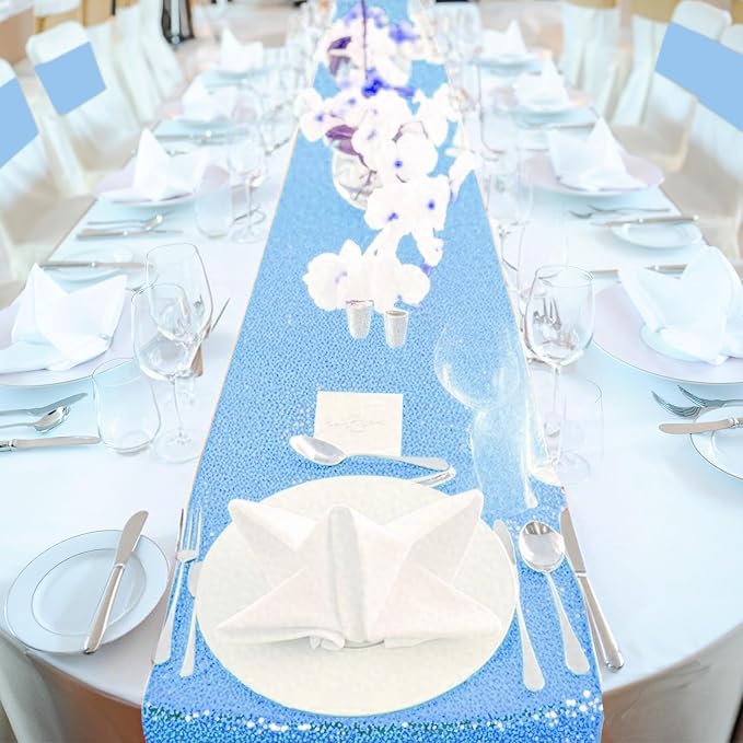 Newwiee 54 Pcs Sky Blue Sequin Chair Sashes and Table Runners, 48 Sequin Chair Bows, 6 Glitter Table Runners for Birthday Party Wedding Banquet Holiday Decorations