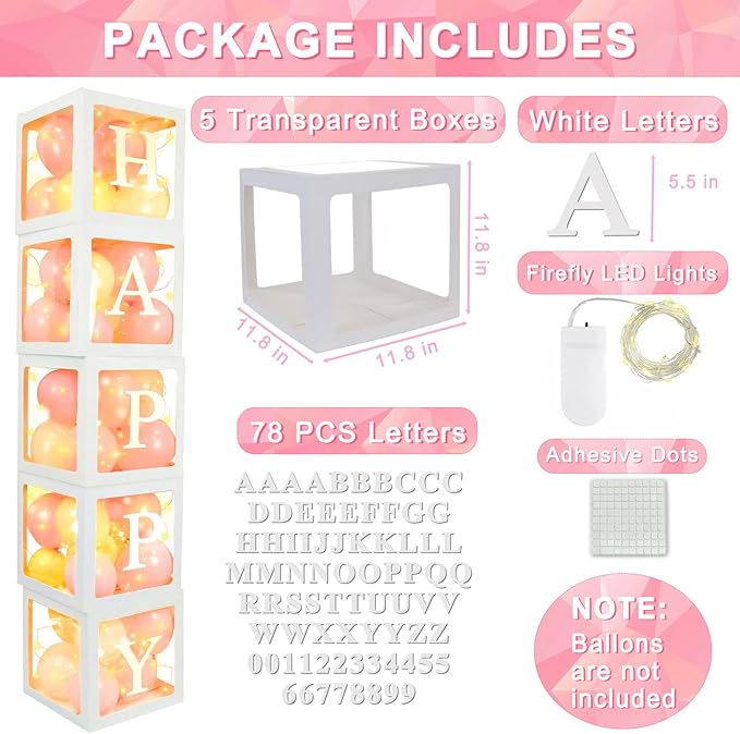 Ledido Transparent Balloon Boxes, Clear Balloon Boxes with 5 Pcs String Lights and 78 Letters for Baby Shower Gender Reveal 2026 New Year Grad Party Birthday Anniversary Bridal Decor - 5 White Boxes
