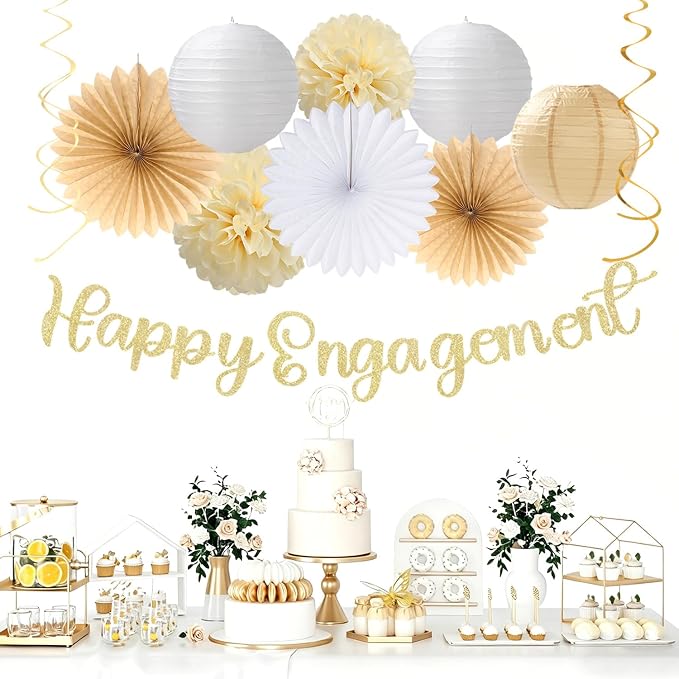 Happy-Engagement Wedding Banner Just-Engaged Party-Decorations - 22pcs White Champagne Gold Paper Lanterns Streamers,Tissue Paper Pom Poms Flowers Fans Garland Decor Sign Backdrop Hugmoon