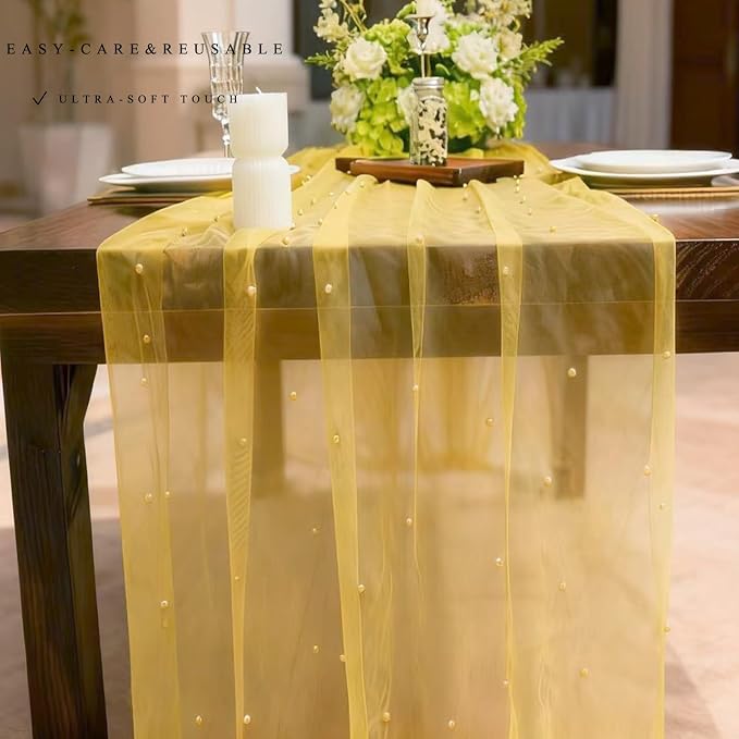 Set of 1 Pearl Table Runner 10ft, 29 * 120 Inch Yellow Table Cloth Pearl Sheer Tulle Table Cover,Pearl Table Runner for Wedding Party Baby Shower Birthday Home Decor