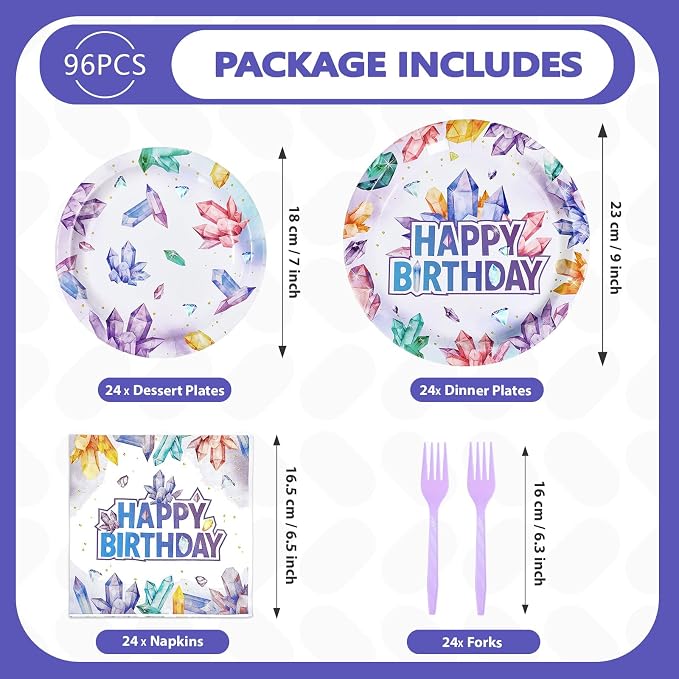 96Pcs Crystal Birthday Party Decorations Purple Gem Stone Diamond Plates and Napkins Tableware Sets Geology Crystal Theme Party Decorations for Women Girls Baby Shower Birthday Supplies Serves 24