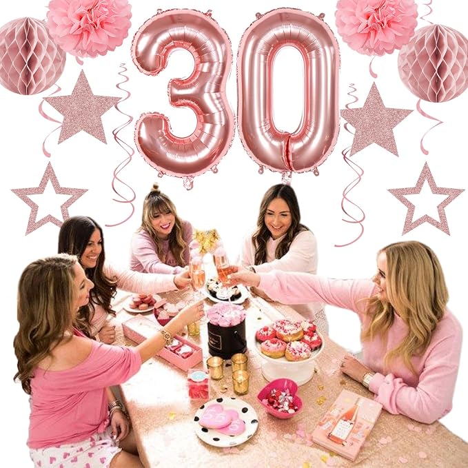 Rose-Gold Pink White Women 30th Happy Birthday Party Decorations Hugmoon | 21pcs Kit 30th Balloon,Cute Girl Banner,Streamers,Tissue Paper Pom Poms Flowers Fans,Birthday Garlands Decor Backdrop
