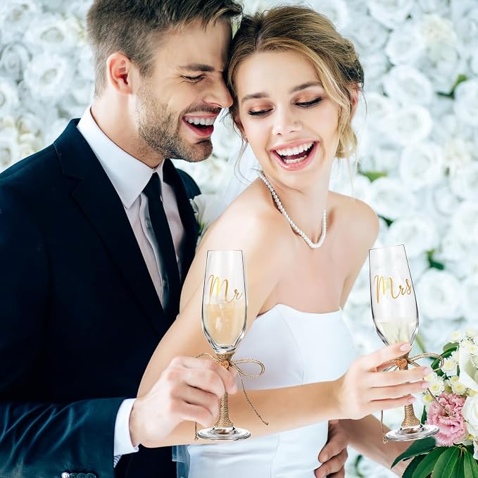 Honoson 5 Pcs Cake Knife Server Set Champagne Glasses Wooden Slice Cake Topper Set Rustic Wedding Decorations Mr and Mrs Champagne Flutes Bride Groom Valentines Day Glasses Anniversariesn