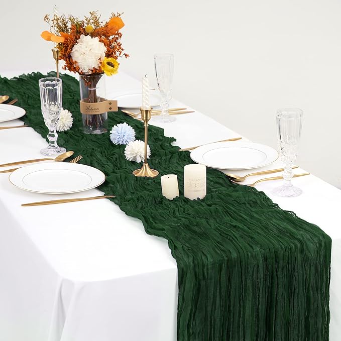24 Pack Dark Green Cheesecloth Table Runners,10FT Boho Gauze Table Runner,35x120inch Rustic Table Runner for Wedding Party Bridal Shower Thanksgiving Christmas Boho Table Decoration