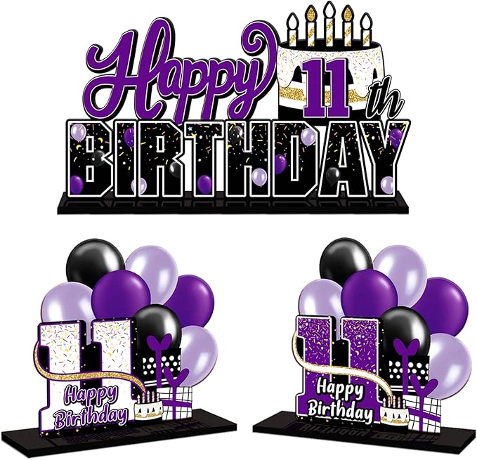LINGTEER Happy 11th Birthday Purple Acrylic Table Topper Centerpieces Set - Cheers to Eleven Years Old Birthday 11th Bday Party Gift Decorations.