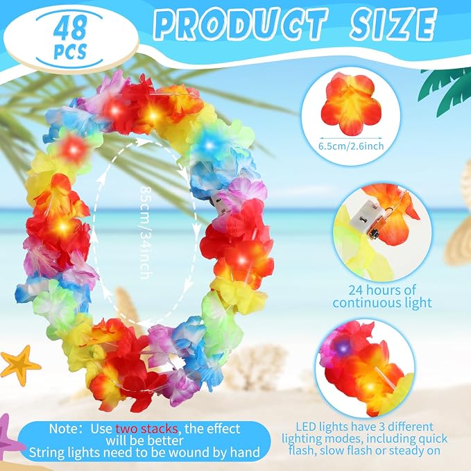 Sherr 48 Pcs LED Hawaiian Leis Light up Flower Leis Necklace with LED Lights Luau Flowers Necklaces for Masquerade Beach Wedding Tropical Themed Party Supplies(Rainbow)