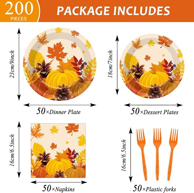 50 Guests Thanksgiving Fall Plates and Napkins Party Supplies Autumn Leaves Disposable Tableware Set Pumpkin Maple Party Decorations Favors for Fall Theme Birthday,200PCS