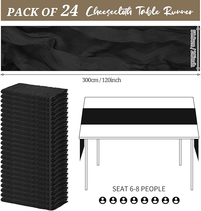 24 Pack Cheesecloth Table Runner 20 x 120 inch Cheese Cloth Table Runner Bulk,Romantic Boho Sheer Gauze Fabric Table Runners for Wedding Reception,Party,Bridal Shower Table Decor(Black)