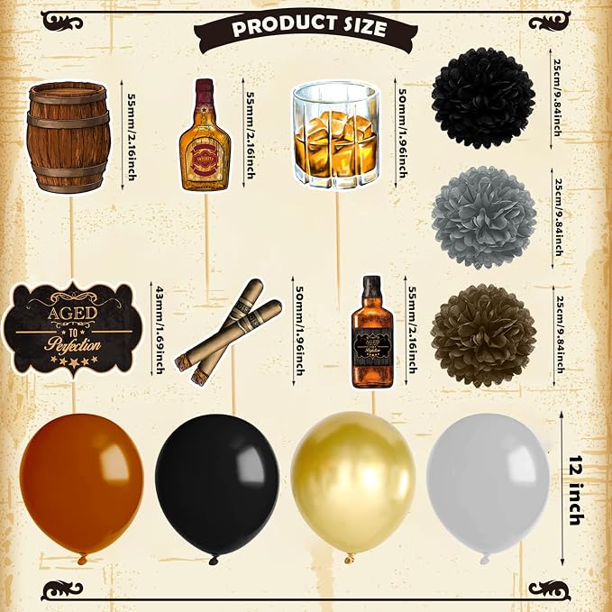 BORAMDO Whiskey Birthday Party Decorations for Men - Aged to Perfection Supplies including Birthday Banner, Cake Toppers, Foil Balloons, Tissue Paper Flowers (brown)
