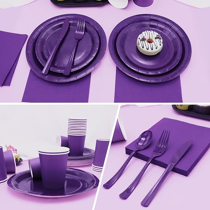 Purple Paper Plates Party Supplies,168pcs Purple Plates and Cups and Napkins Set for Mardi Gras Birthday Decorations Disposable Dinnerware Sets for Women Serve 24