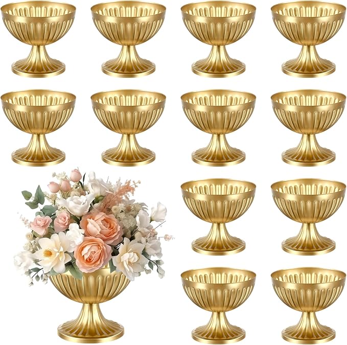 Ziliny 12 Pcs Gold Vases for Centerpieces 4.7" Wide 4" High Metal Compote Vases Bulk Wedding Table Centerpiece Flower Pot Vintage Floral Arrangements for Weddings Anniversaries Party Home Decor
