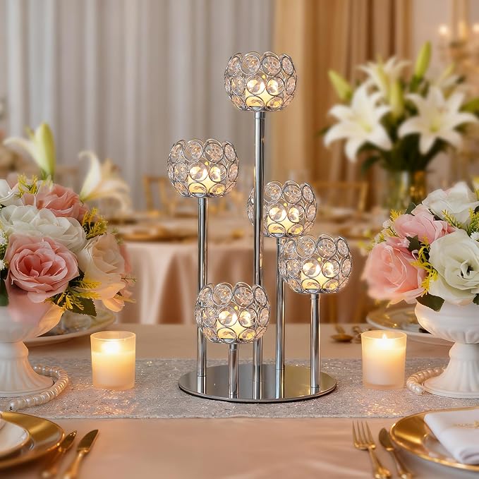 5-Arm Crystal Tealight Candelabra Centerpiece, 14.8 Inch Metal Candle Holder for Table Decor, Wedding, Christmas, Party, Anniversary & Home Decoration (4, Silver, S-14.8 in)