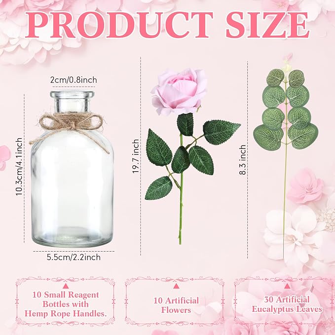 10 Set Vases Glass Centerpiece for Table 10 Small Clear Glass Vases 10 Artificial Roses 30 Leaves with Rope Flower Centerpieces for Wedding Arrangement Party Home Decoration (Pink)