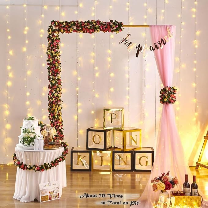 8pcs x 8.2ft Artificial Flower Garland Floral Rose Vine Decor, Pink Flowers | PONKING Fake Rose Vine Flowers Hanging Faux Roses String for Room Party Home Wedding Birthday Wall Arch Decoration