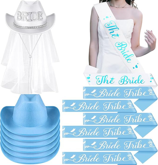 Newcotte 14 Pcs Bride Cowgirl Hat with Veil and Satin Sash Bachelorette Cowboy Hats Set for Wedding Party Bridal Shower Decor