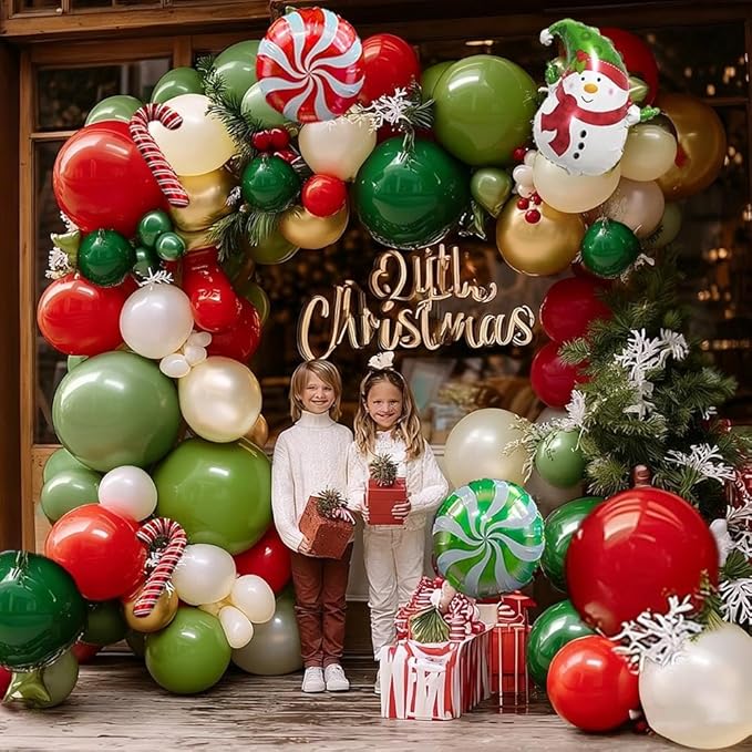 Christmas Balloon Arch Kit, Double Stuffed Sage Green Red White Gold Pearl Balloon Garland Cane Santa Claus Balloons for Xmas Christmas Holiday New Year Birthday Party Decorations
