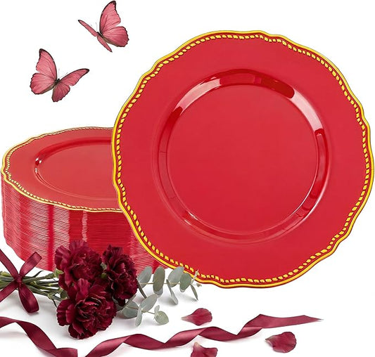 Hioasis 60pcs Red Plastic Plates - Red and Gold Disposable Dinnerware with Gold Rim, Heavy-duty, 10.25 inch, Dinner Plates for Party & Wedding