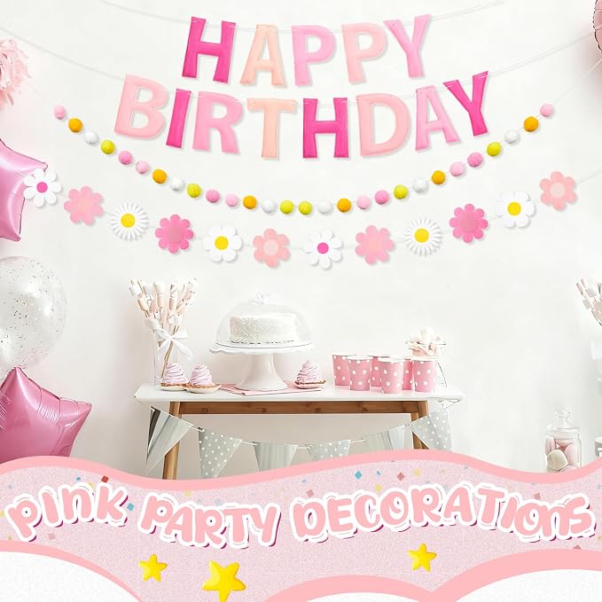 Mindsoft Felt Birthday Decorations Pre Strung 3D Felt Happy Birthday Banner with Fabric Flower Garland, Colorful Ball, Party Decorations for Women Men Boys Girls(Pink,Cute)