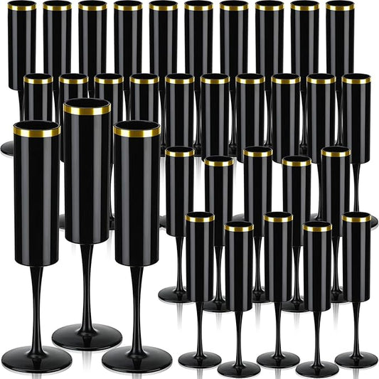 Domensi 30 Pcs Champagne Flutes Bulk Acrylic Goblet 6 oz High Stem Wine Glasses Champagne Cup Unbreakable Reusable for Christmas Halloween Valentine Birthday Wedding Party Decorations (Black,Gold)
