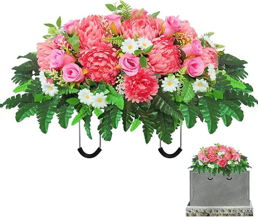 Headstone Flowers – Artificial Cemetery Flowers for Grave, Artificial Pink Roses and Chrysanthemums Mixed - Easy to Install Cemetery Flowers for Grave Saddle