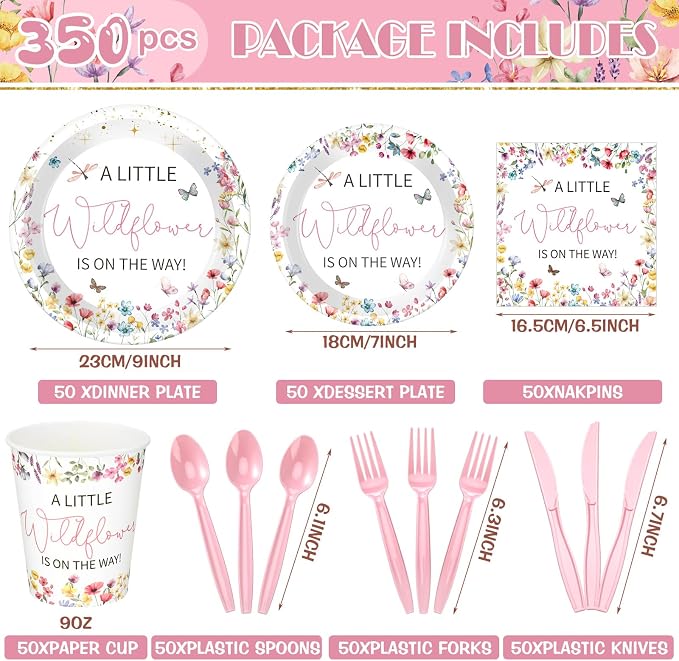 Dandat 350 Pcs Baby Shower Plates Set Baby Shower Party Supplies Serves 50 Tableware Sets Include Plates Napkin Cup Forks Knives Spoons Disposable Dinnerware(Wildflower,Pink)