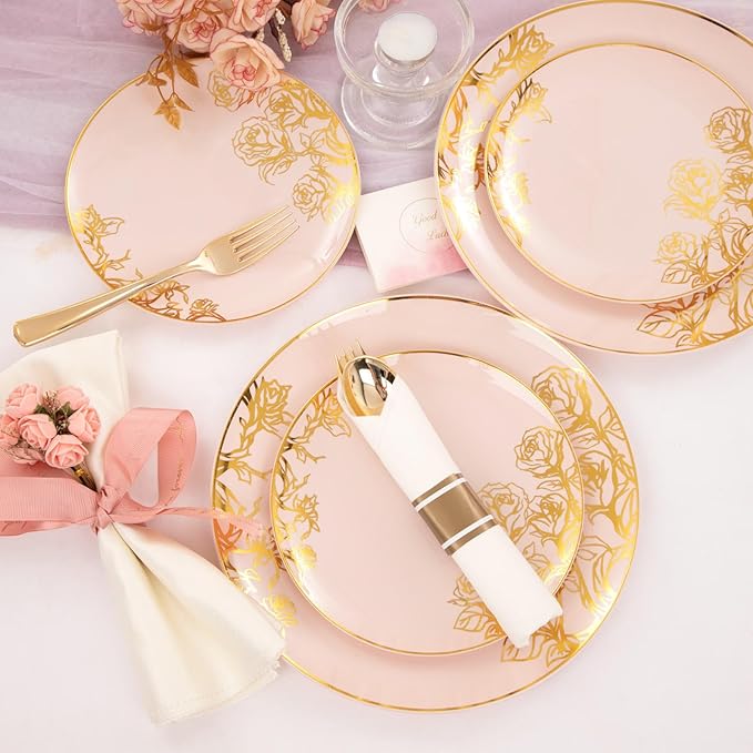 DaYammi 210Pcs Pink Gold Plastic Plates Floral Plates,Pink Disposable Dinnerware Set Includes 60 pink Plate,30 gold Plastic Silverware,30 Per Rolled Napkins,30 Cups,Party plates for Mother's Day Party