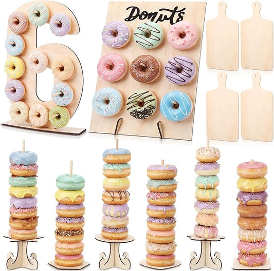 Lallisa 12 Pcs Wooden Donut Stand Set Number 6 Donut Display Stand 1 Doughnut Wall Display 4 Mini Charcuterie Boards 6 Doughnut Holder Tower for Dessert Table Birthday Wedding Baby Shower Party Deocr