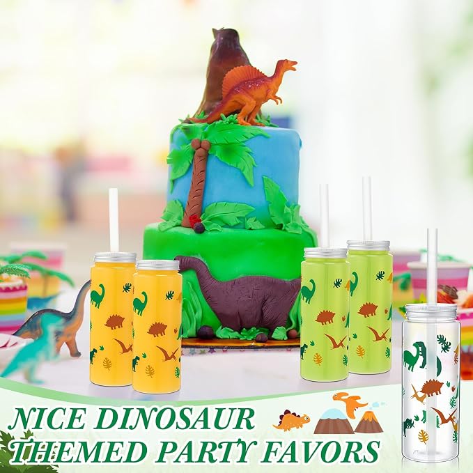 Skylety 12 Set 14 oz Dinosaur Themed Plastic Cup with Straw and Lid Cute Disposable Cups Bulk Dino Party Favors Drinking Mason Jars Tumbler for Birthday Supplies Juice Beverage Smoothie(Green Yellow)