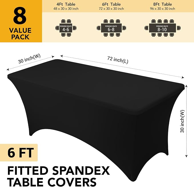 8-Pack Premium Black Spandex Tablecloths for 6ft Rectangle Tables, Stain & Wrinkle-Resistant, Washable Stretch Polyester Fitted Table Cover for Weddings, Banquets, Trade Shows Events