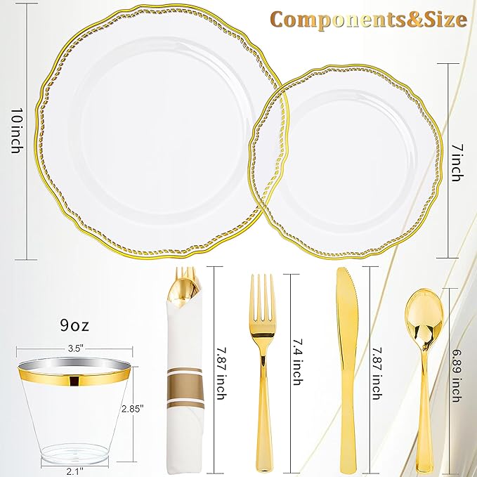 Hioasis 350pcs Clear Gold Plastic Plates - Gold Plastic Dinnerware Set Includes 50 Dinner Plates, 50 Dessert Dinnerware, 50 Cups, 50 Rolled Napkin Cutlery Perfect for Wedding & Party
