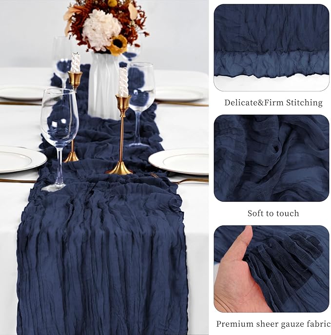 10 Pack Navy Blue Table Runners 10Ft Cheesecloth Table Runner Boho Gauze Table Runner Romantic Long Sheer Fabric Cheese Cloth Table Runners for Wedding Party Bridal Shower(Navy Blue)